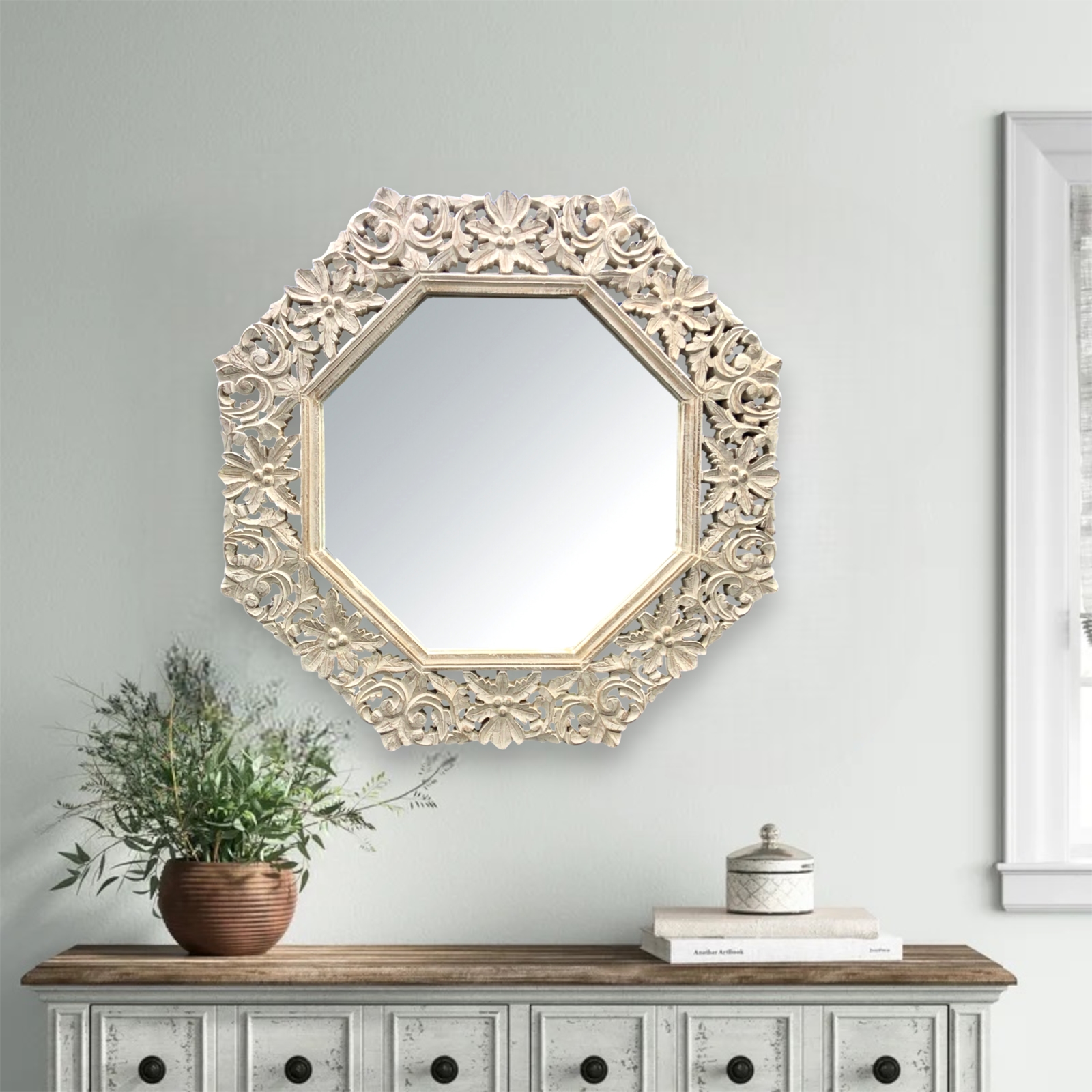 Octagon Wall Mirror-Whitewash 